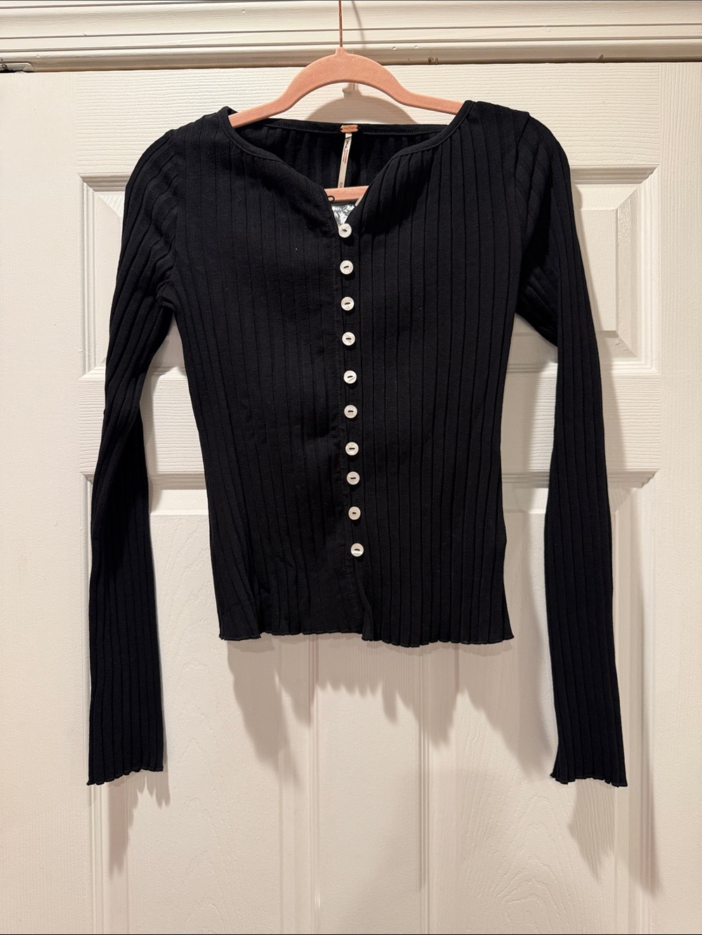 Free People Black Ribbed Button-Front Long Sleeve Top